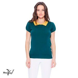 Peter Pan Collar Knit Top Green and Gold Short Sleeve Retro Style - Size Small